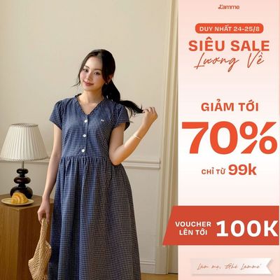 Váy Bầu MINDI DRESS L'amme - Chất Thô Kẻ Caro Mềm Mát, Dáng Suông Cổ V Phối Bèo Xinh Xắn