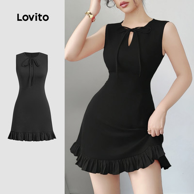 Đầm nữ Lovito đen xuân hè lai bèo xếp nếp buộc dây lỗ quyến rũ L142ED957