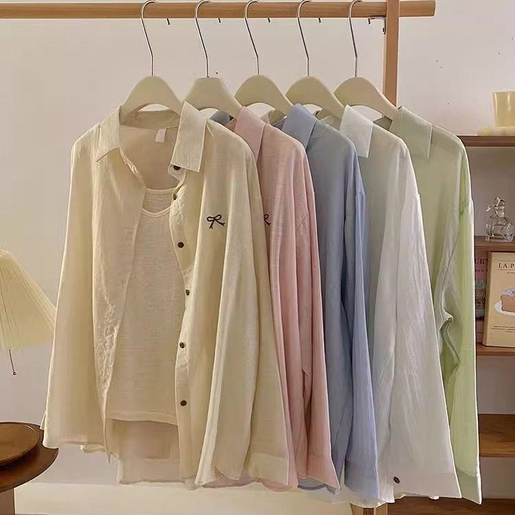 [Hàng mới về] Áo sơ mi chống nắng dài tay mỏng thêu nơ dáng rộng mỏng hơn trông mùa hè Trận đấu bên ngoài phù hợp với mọi trận đấu
