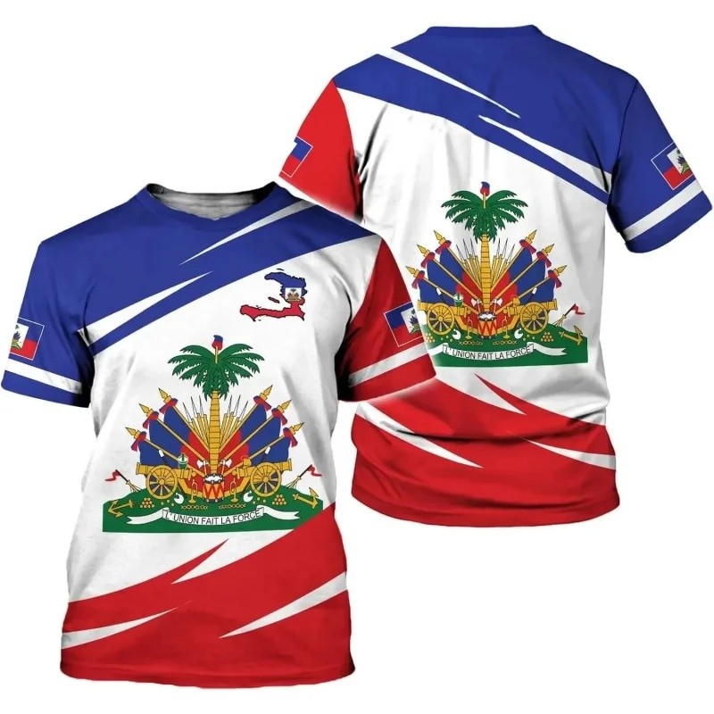 Haiti Quốc Huy Họa Tiết Quốc Gia Áo nam Cờ Haiti 3D In Tee Áo Rời Áo Cổ Tròn Áo Tay Ngắn