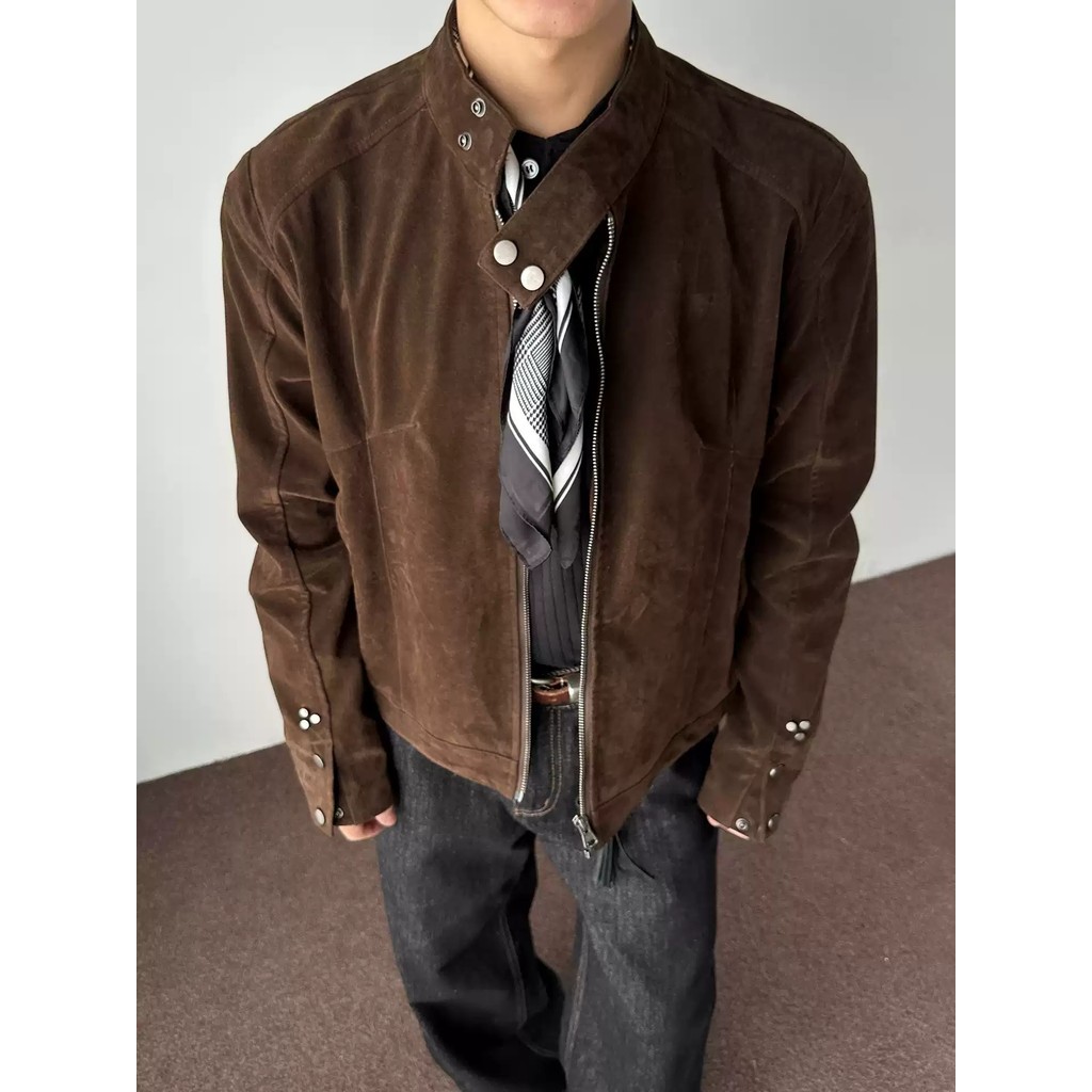 Vintage Merad Brown Stand-Up Cổ áo cleanfit Áo khoác ngắn da lộn Harrington Bomber Jacket