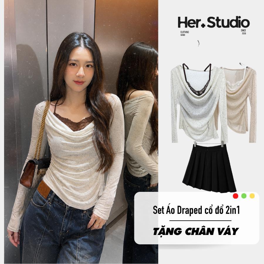 TẶNG CHÂN VÁY | Set Áo Dài Tay Thun Giấy Cổ Đổ Layer Áo Hai Dây Ren HER.STUDIO – Áo Len Dệt Kim Ánh 