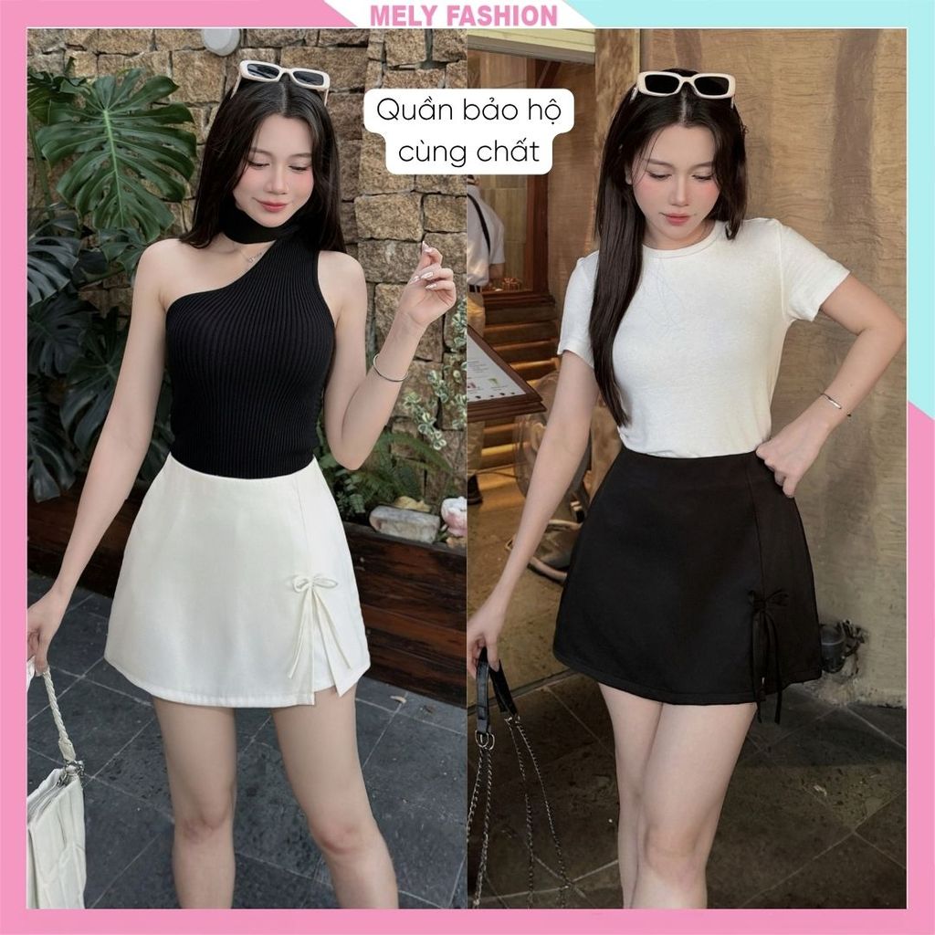 Chân váy ngắn chữ A Mely Fashion chất chéo lạnh ép mùng xẻ trước phối nơ có quần bảo hộ kín đáo trẻ 