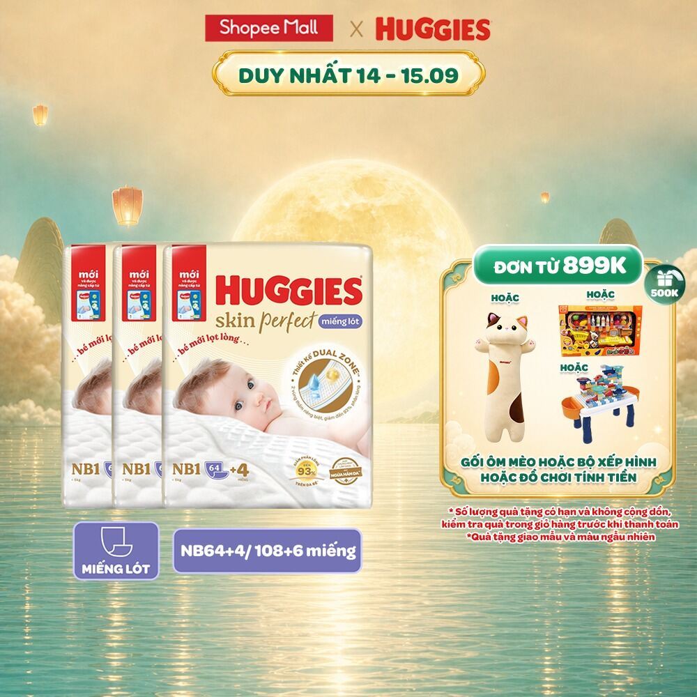 Combo 3 Miếng lót sơ sinh Huggies Skin Perfect NB1 64+4/NB1 108+6 miếng với 2 vùng thấm giảm kích ứn