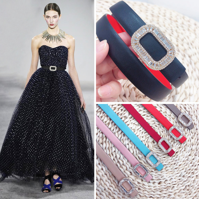 VZER Roger Vivier Kẻ Sọc Kim Cương Giả Khóa Vuông RV Da Bò Thắt Lưng Nữ Phiên Bản Hàn Quốc Tất Cả Tr