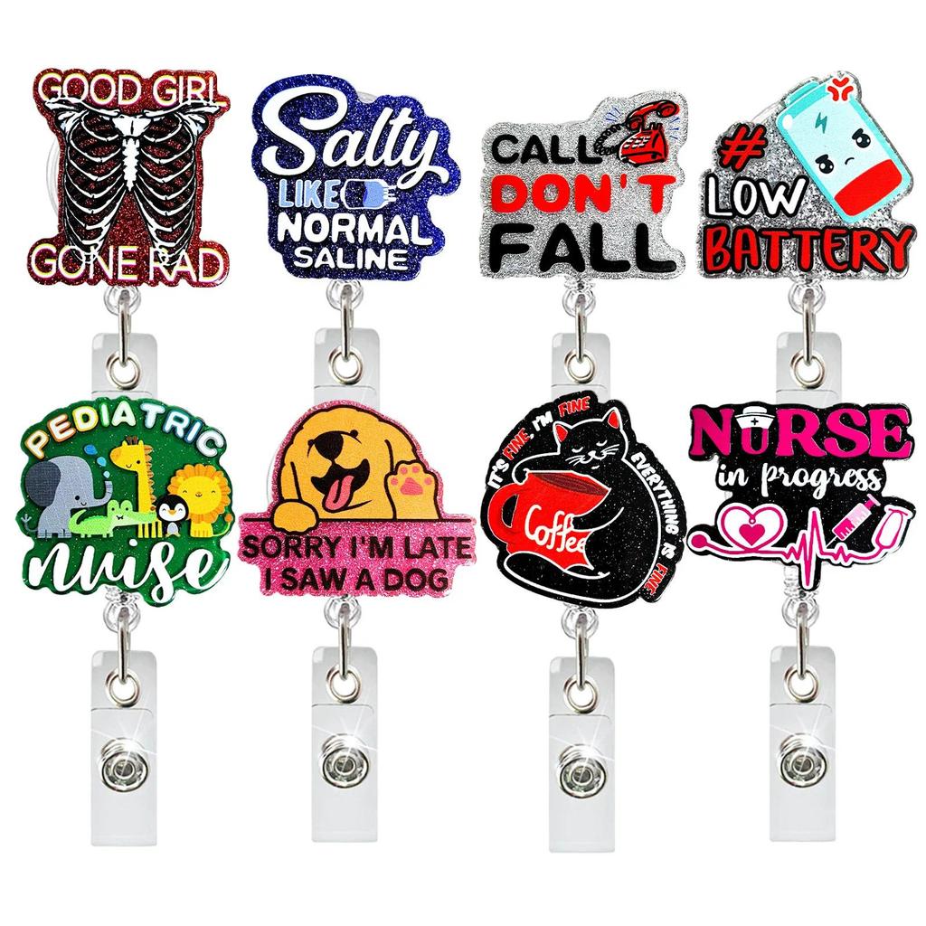 Glitter Acrylic Cute Animals Badge Reel Card Holder Doctor Nurse Retractable Work Name CardID Badge 