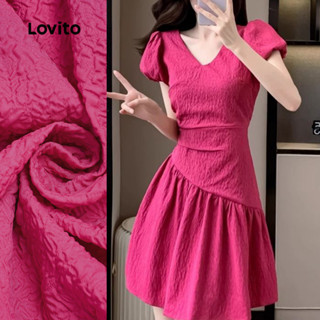  Lovito Đầm hoa lệch vai cho nữ dệt jacquard xuân hè màu đỏ hồng L149LD465 
