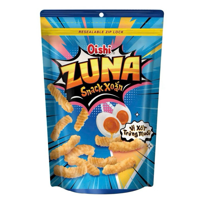 Snack Xoắn Zuna Oishi Vị Sốt Trứng Muối, Vị Tôm Sốt Bơ Tỏi Phiên Bảm Túi Zip Tiện Lợi