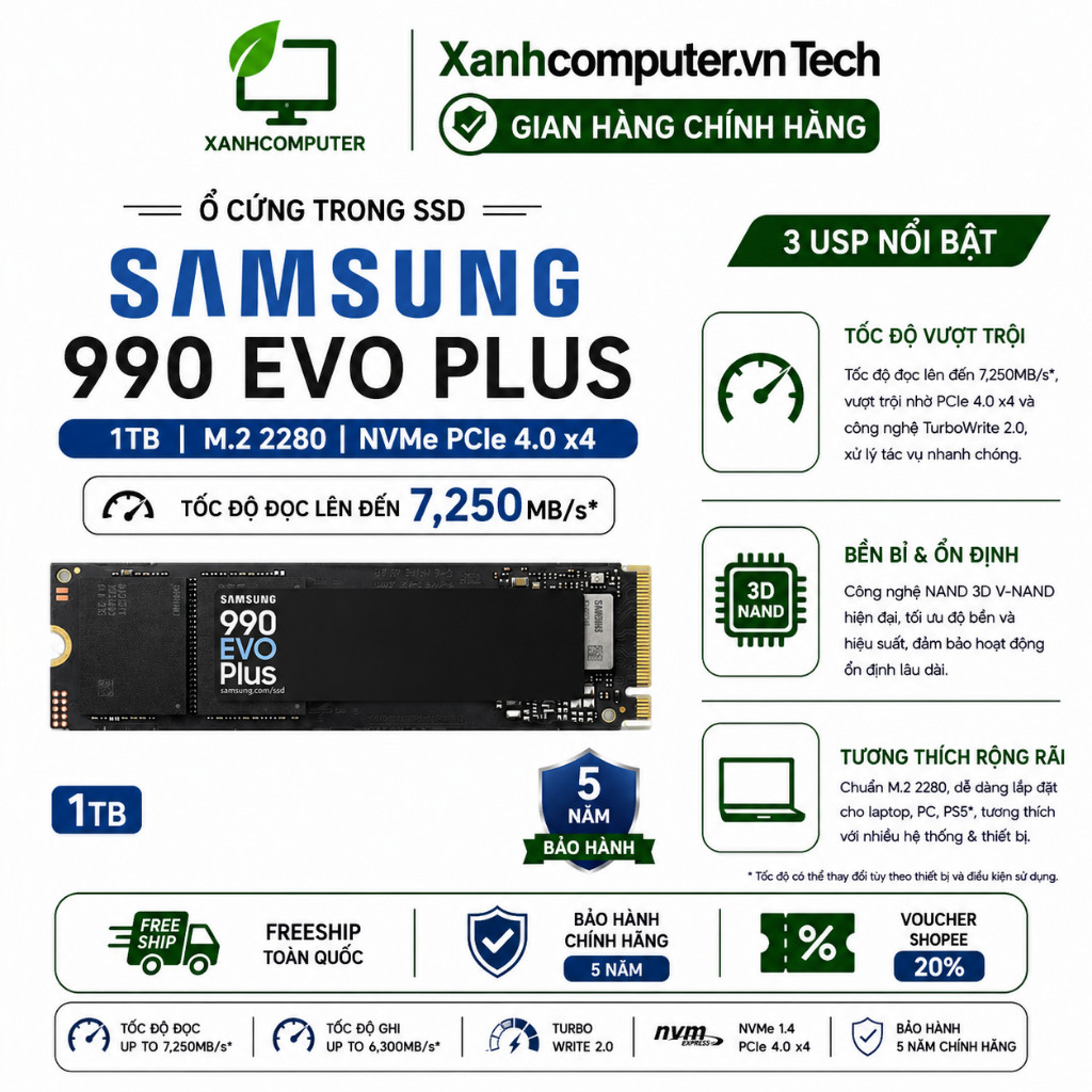 Ổ Cứng SSD Samsung 990 EVO PLUS 1TB M.2 (2280) NVMe PCIe 4.0 x4 - Bảo Hành 5 Năm - Chính Hãng
