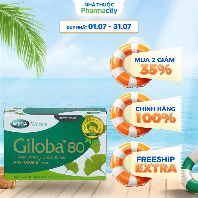 Viên uống Giloba 80 hỗ trợ tăng cường tuần hoàn não (hộp 3 vỉ x 10 viên)