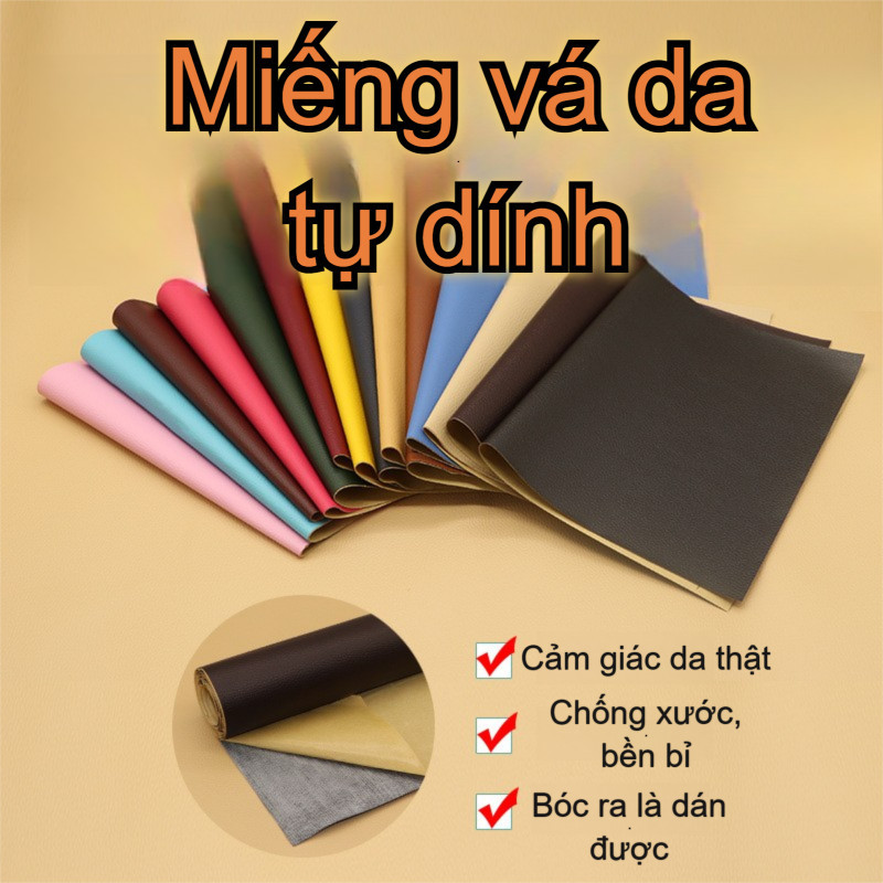 Miếng da dính tự dính,keo chắc,cắt kích thước tùy,vá sofa ghế xe giường túi xách bong tróc,22 màu,Mi