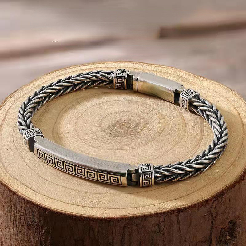 Retro Back Word Pattern Pin Vòng Tay Mạ Bạc Nam Hợp Thời Trang Sáng Tạo Độc Đáo Tay Trang Sức Hot @ 