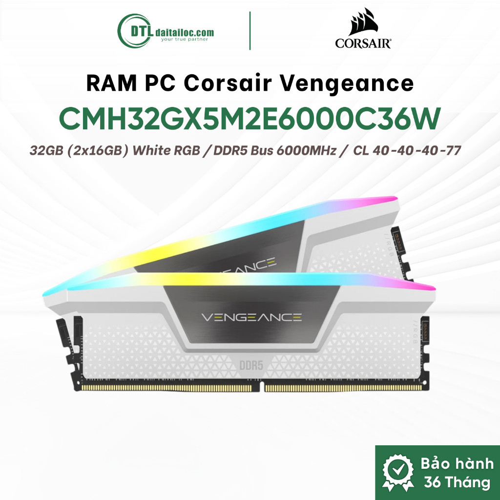 Ram Corsair Vengeance RGB 32GB (2x16GB) DDR5 Bus 6000MHz White (CMH32GX5M2E6000C36W) | Chính Hãng  B