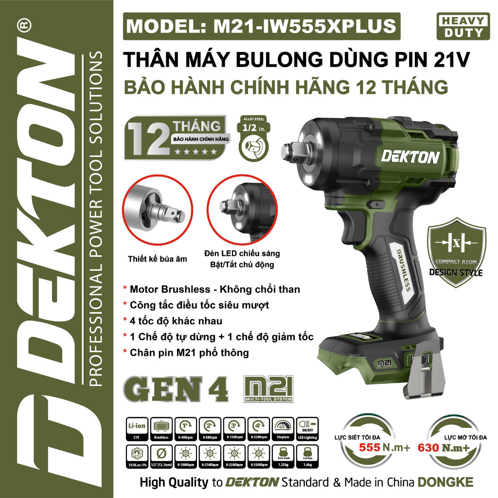 Máy Siết Bulong Pin DEKTON M21-IW550PRO Và IW555XPLUS, Không chổi than, Lực Siết 555Nm, 4 Tốc Độ