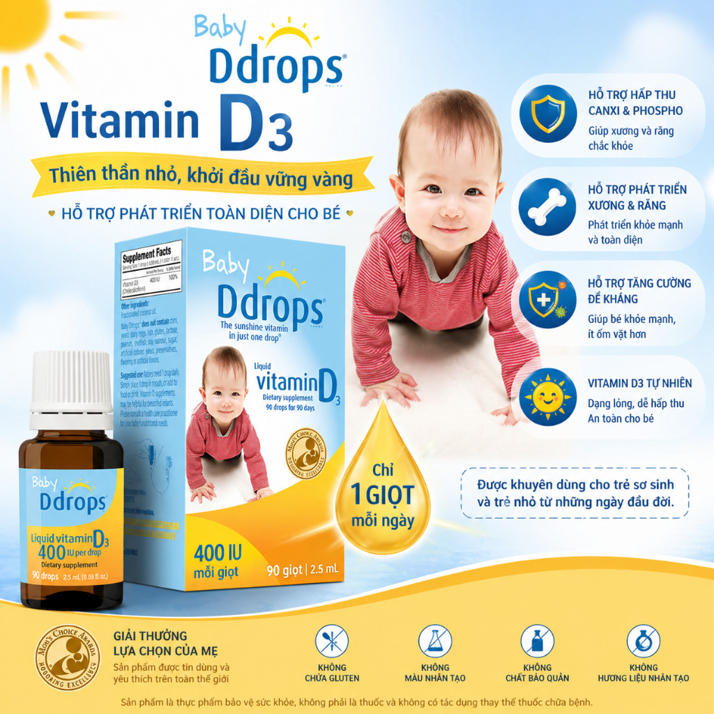 D3 Thuần Organic Ddrops 400IU Dạng Lỏng Nhỏ Giọt – Bổ Sung Vitamin D3 Cho Bé Hỗ Trợ Xương Chắc Khỏe