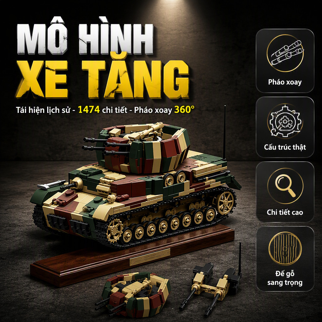 Đồ Chơi Lắp Ráp Xe Tăng 12GO Compatible Lepin Chiến Tranh Thế Giới Thứ 2 Mũi Súng Xoay Được Bề Mặt L