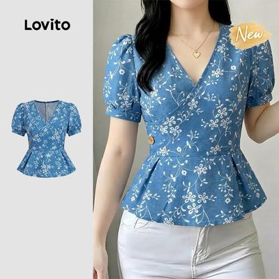 (New Arrival) Lovito Áo sơ mi nữ xanh ngọc tay loe thanh lịch mùa xuân/hè BLB198P1D276