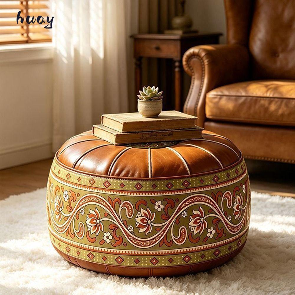HUAYU Fillable Ottoman Pouf, Thêu Họa Tiết Da PU Bảo Quản Ottoman, Phong Cách Ma-rốc Hình Tròn Tròn 