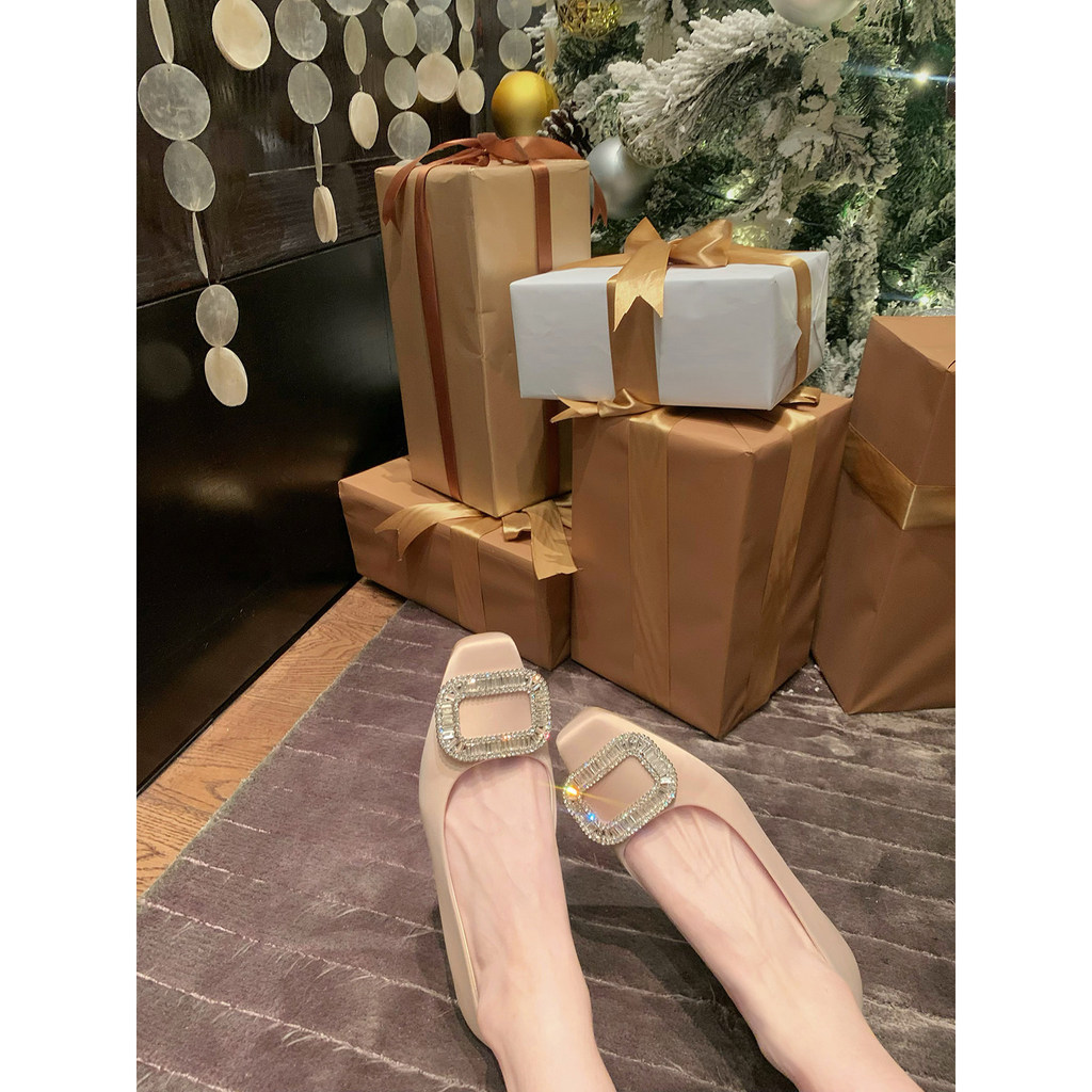 NG8G Diamond-patterned shoes with shiny sheepskin buckle and delicate square toe, women's shallow sh