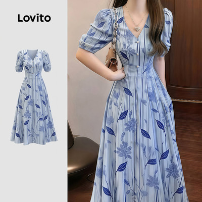Lovito Kỳ nghỉ Họa tiết đầm xếp ly mùa xuân/hè màu xanh dương dành cho nữ LK4ED764