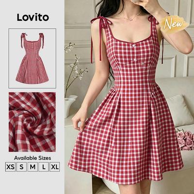 (New Arrival) Lovito Đầm Casual Phong Cách Y2k Phối Viền Tương Phản Buộc Dây Màu Đỏ Dành Cho Nữ Thích Hợp Cho Mùa Xuân/hè DRB201P1D104