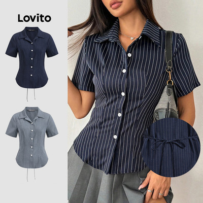 Lovito Phong cách thường ngày Áo Sơ Mi Nút Sọc Trước Tròn Mùa Hè / Mùa Xuân Cho Nữ LBL23387