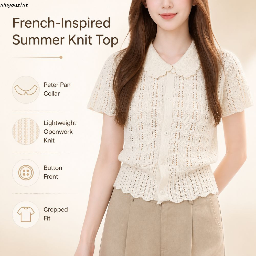 Áo sơ mi dệt kim tay ngắn NIUYONI, Nút kiểu cắt phía trước Áo dệt kim crop Top, Kết cấu Openwork Pet