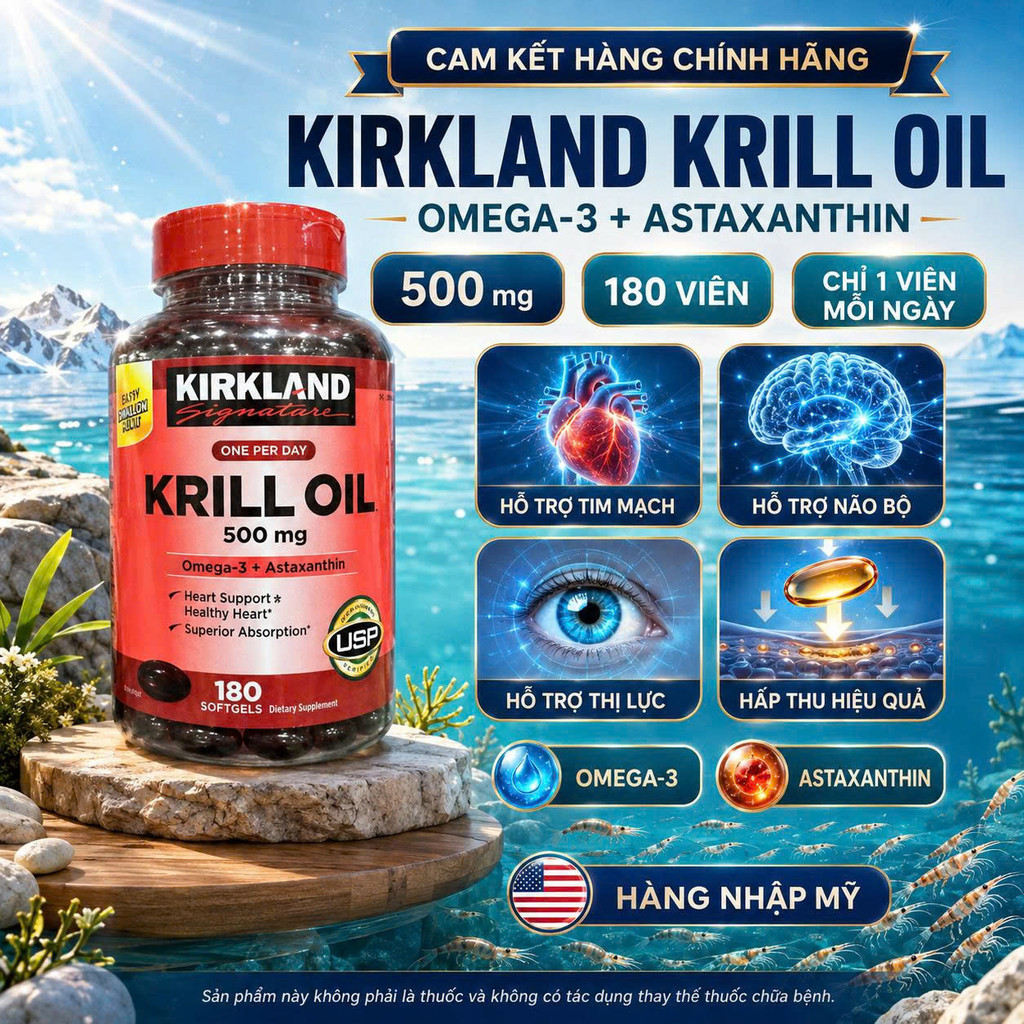 [HÀNG MỸ] Viên Uống Dầu Nhuyễn Thể Kirkland Signature Krill Oil 500mg (Chai 180 Viên)