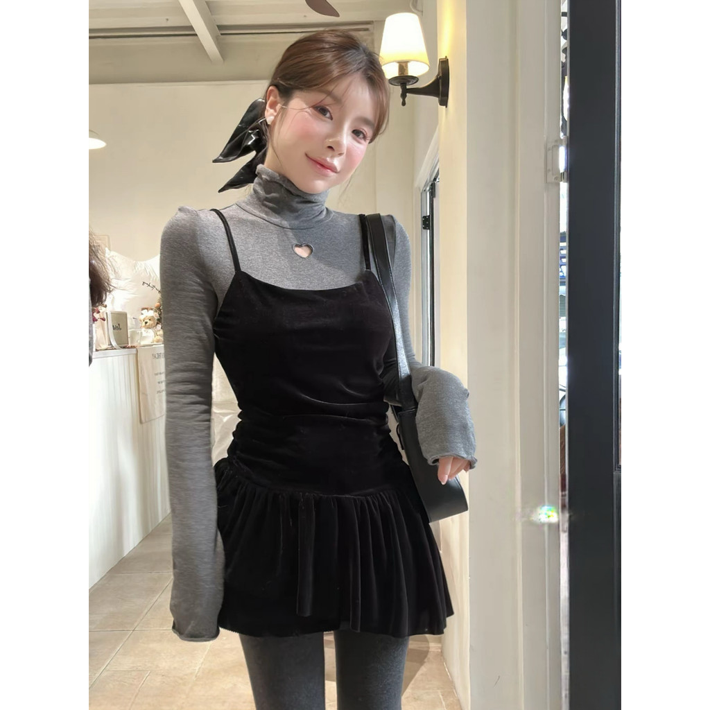 Phong Cách Chanel Nhung Sling Váy Đầu Thu Phong Cách Mới Lớp Cổ Cao Tay Đáy Áo Sơ Mi Top Set