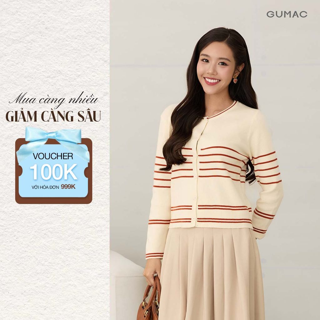 Áo Khoác Cardigan Nữ GUMAC Phom Suông Cổ Tròn Phối Sọc Màu Chất Len Mềm Không Túi AF12017