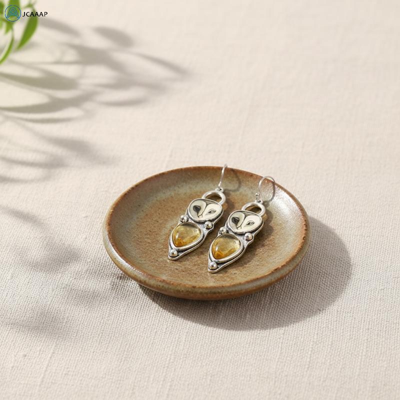 [JCAAAP] Retro Bạc Barn Owl Dangle Bông Tai Màu Vàng Tự Nhiên Citrine Inlay Mặc Hàng Ngày Dự Tiệc Qu