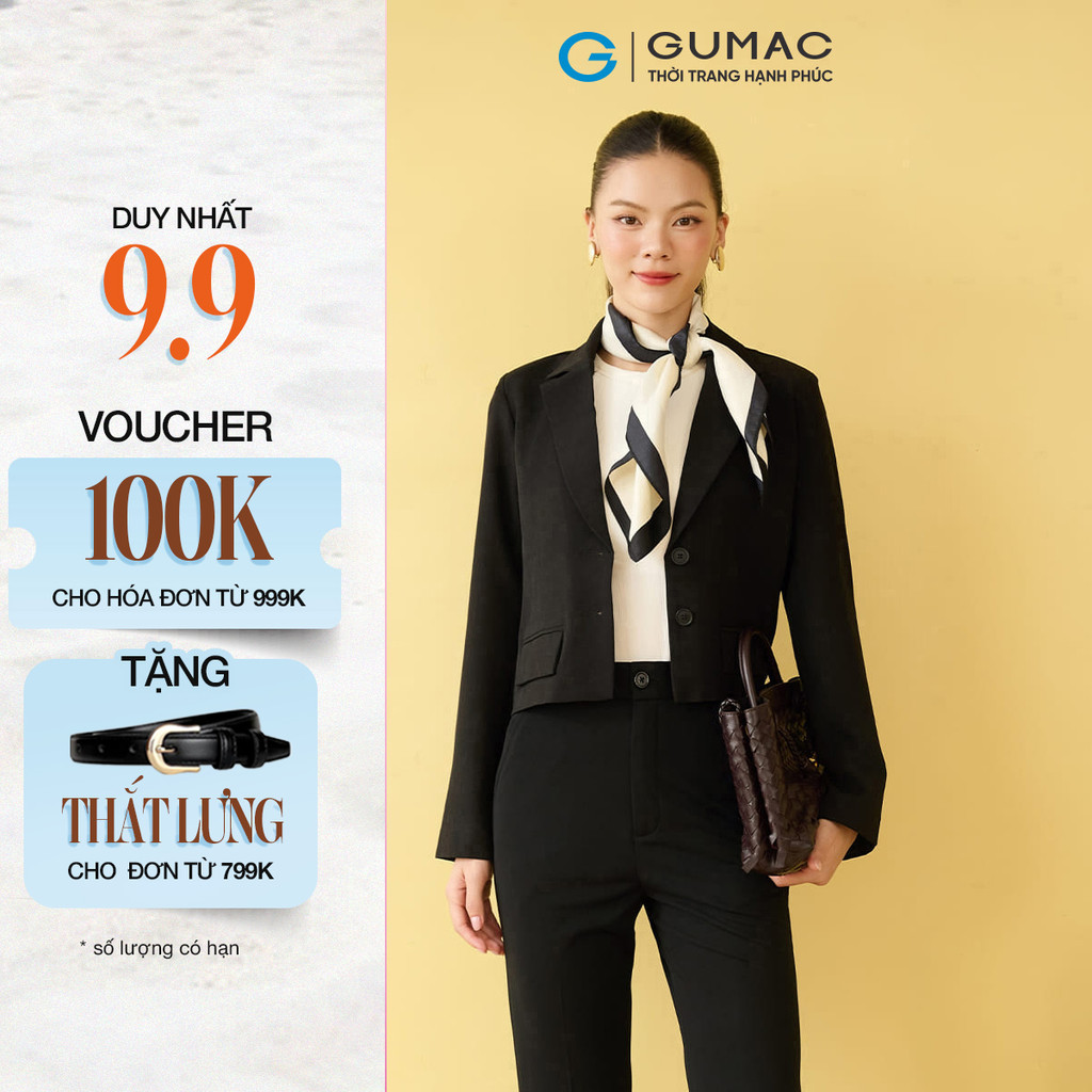 Áo Blazer Áo Khoác Nữ GUMAC Dáng Lửng Tay Dài Đệm Đính Nút Vai Thanh Lịch OWF10018