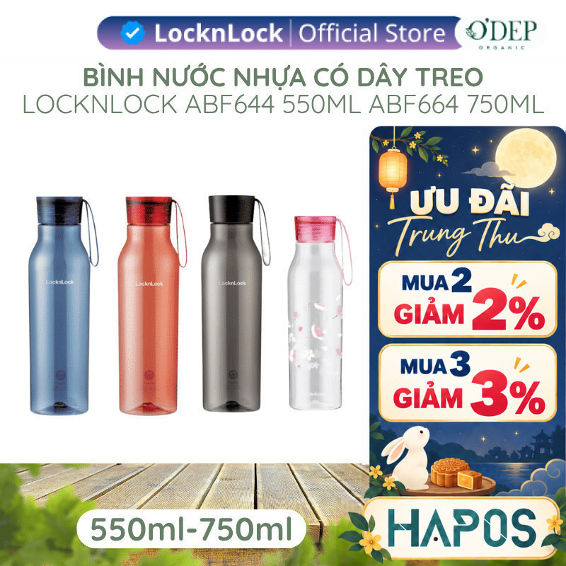 Bình nước nhựa LocknLock Eco Bottle có dây treo, an toàn cho sức khỏe ABF644 550ML ABF664 750ML - HA