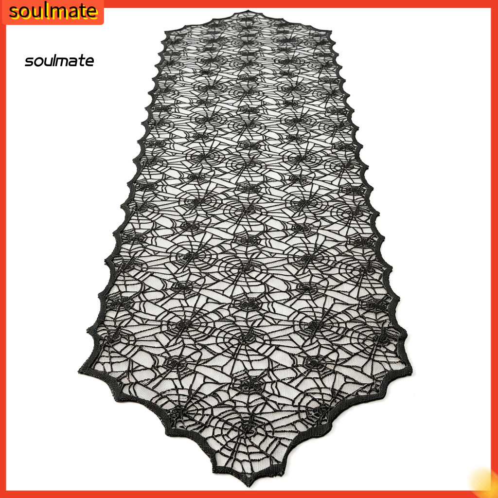 Linh hồn| Khăn trải bàn ren đen Retro Castle Table Runner Halloween Black Lace Spider Web Table Runn