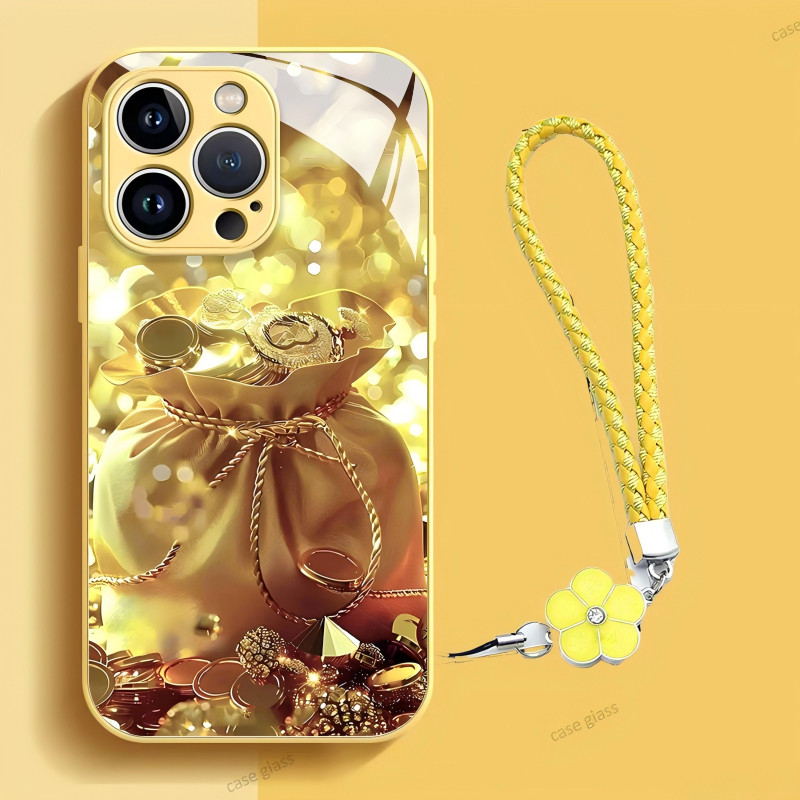 Túi Đựng Tiền Vàng Fortune Coin Glass Ốp Điện Thoại Thích Hợp Cho iPhone16Promax Dây Đeo Tay Chống S
