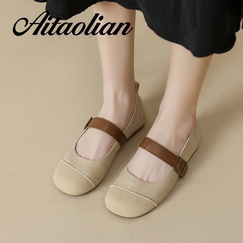 Da 1cm Giày Ba Lê Giày Nữ Phong Cách Retro Giày Da Retro Nữ Loafer Tròn Da Mềm Công Sở Giày Nữ