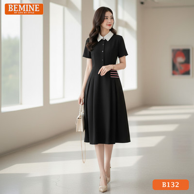Đầm thiết kế BEMINE cổ sơ mi phối viền đỏ dáng chữ A phù hợp đi làm-B132
