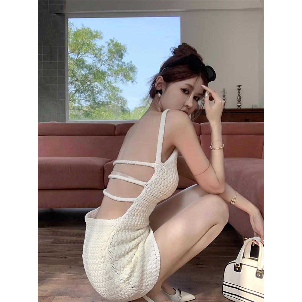 Đầm camisole trắng đan len cho nữ, đầm bodycon mùa hè, đầm sexy cho kỳ nghỉ biển