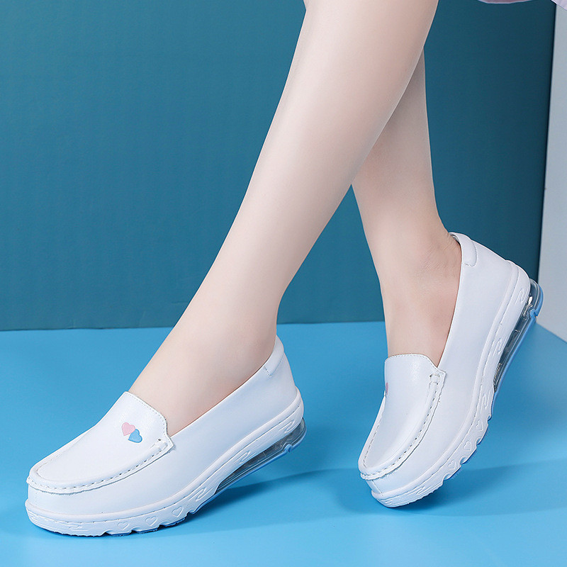 Women's Shoes Spring New Air Cushion Nurse Shoes Women's Wedge Comfortable Flat Hospital Work White 