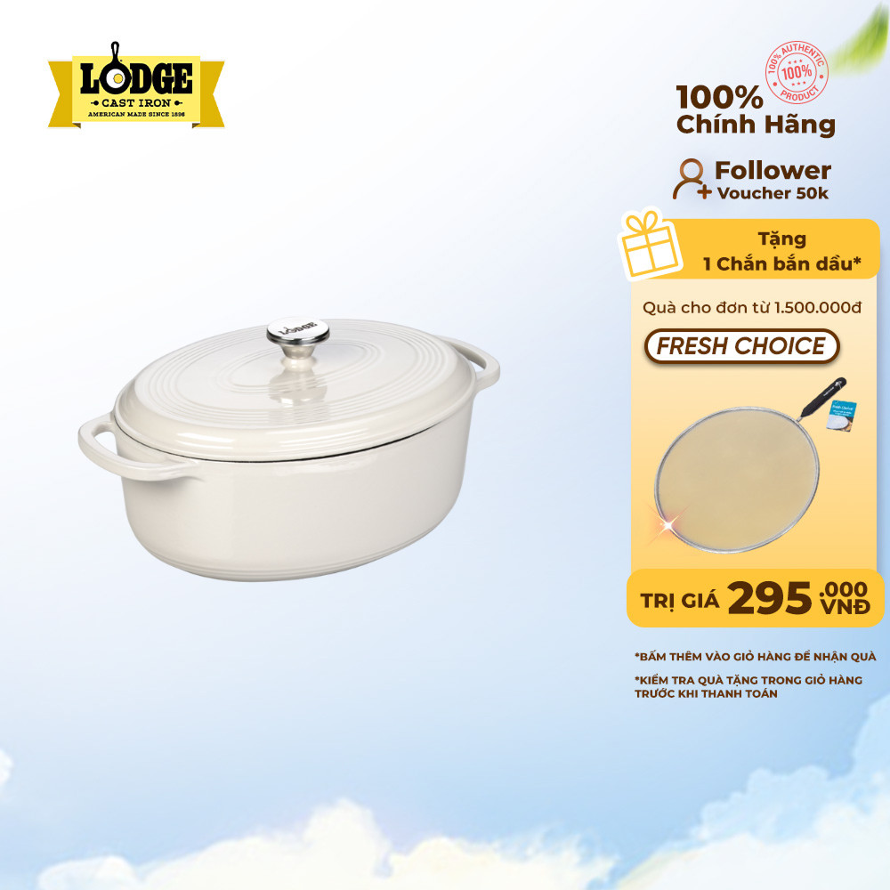 Lodge - Nồi gang oval phủ men màu trắng - 6.6L