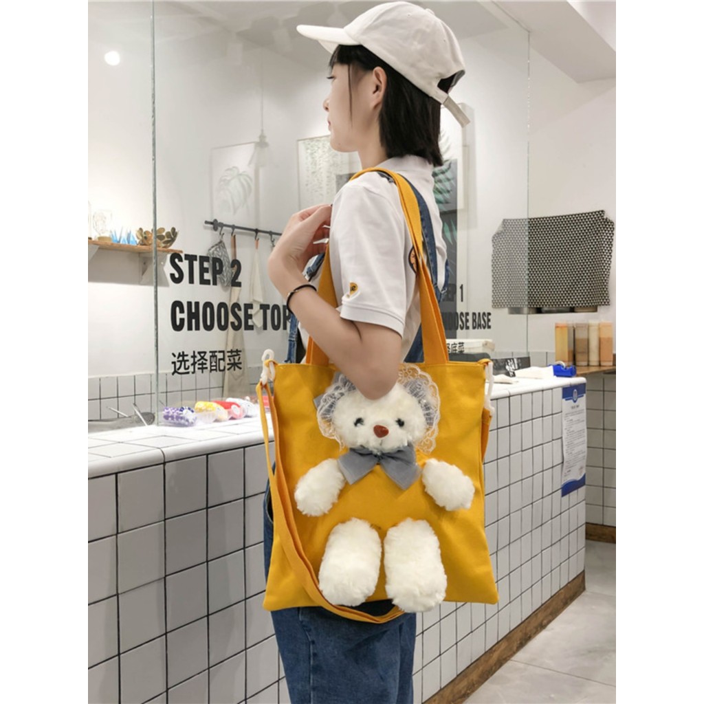 Túi đeo vai vải dung tích lớn Phong cách mới lolita lolita ren gấu túi búp bê Túi học sinh đại học