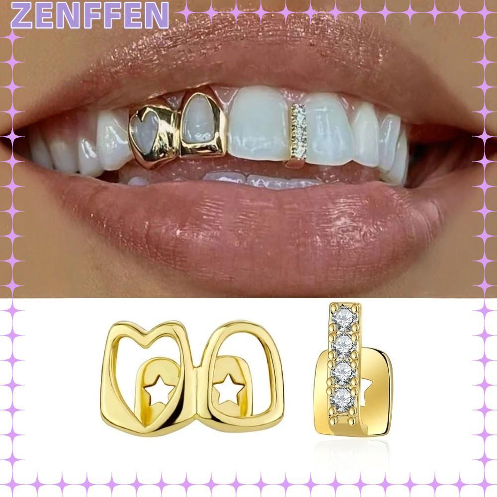 ZENFFEN Grillz, Đồng Trái Tim Rỗng Hip Hop Răng Grillz, Màu Vàng Sáng Bóng Đôi Trái Tim Răng Mũ Tran