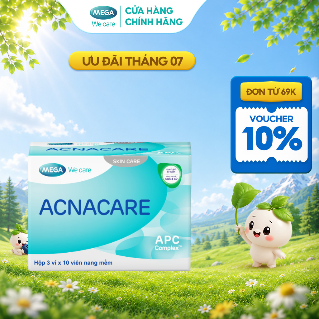 TPBVSK Viên uống giảm mụn, giảm nhờn - Kẽm, Crôm, D.Salina, Vitamin C, Vitamin E - ACNACARE Mega We Care (30 viên)
