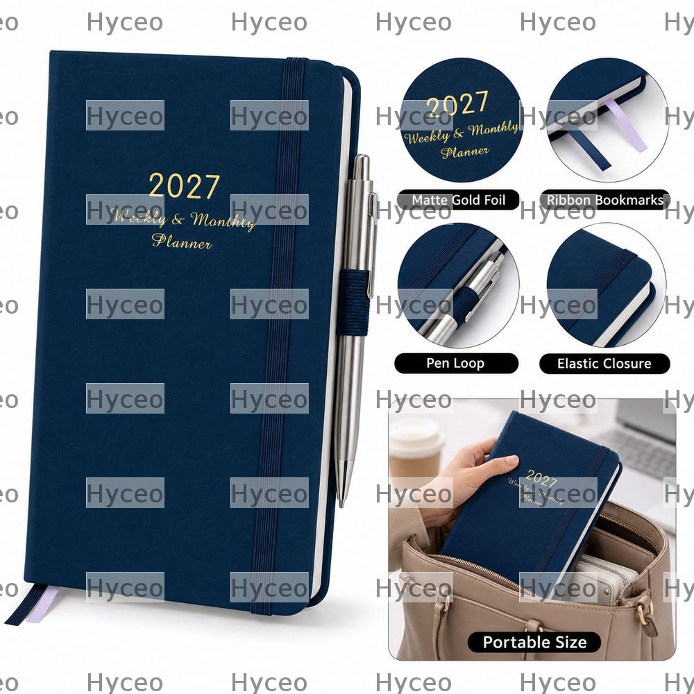 HYCEO 2027 Planner Notebook, Pen Loop Ribbon Bookmark Weekly Planner, Elastic Band Leather Planner D