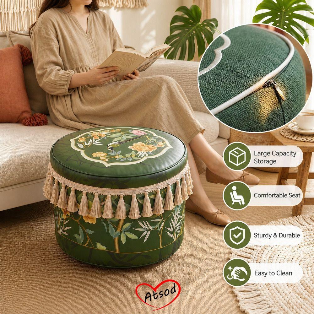 ATSOD Foottool Cover, Da PU Xanh Ottoman Pouf, Chống Nước Lớn Mở Boho Họa Tiết Lưu Trữ Ottoman Phòng