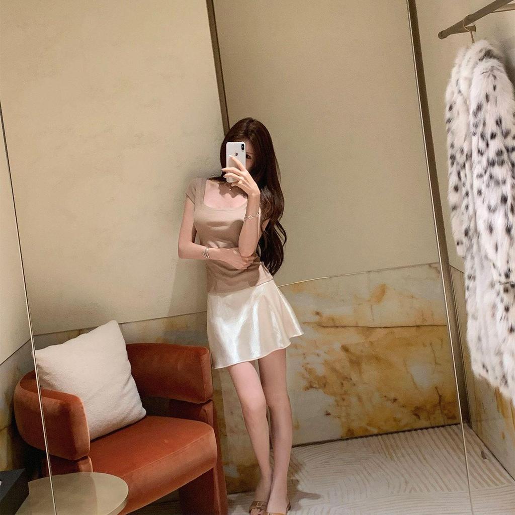 Bigking Bigking {High Gloss Moment} Váy chữ A phong cách con gái Satin Váy ngắn eo cao mùa hè dành c