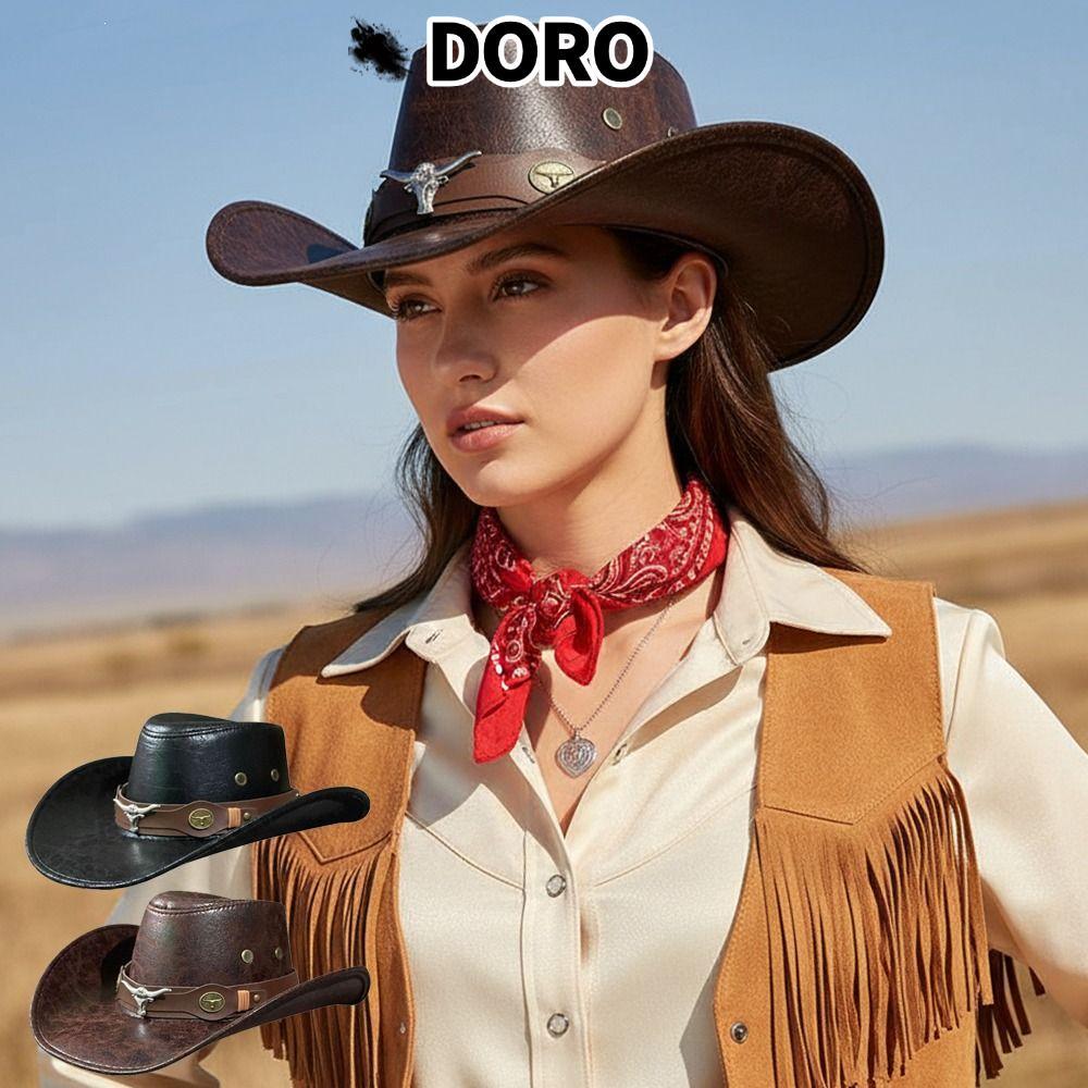 DORO Faux Leather Cowboy Hat, Bull Head Buckle Vintage Western Cowboy Hat, Thời Trang Retro Jazz Mũ 