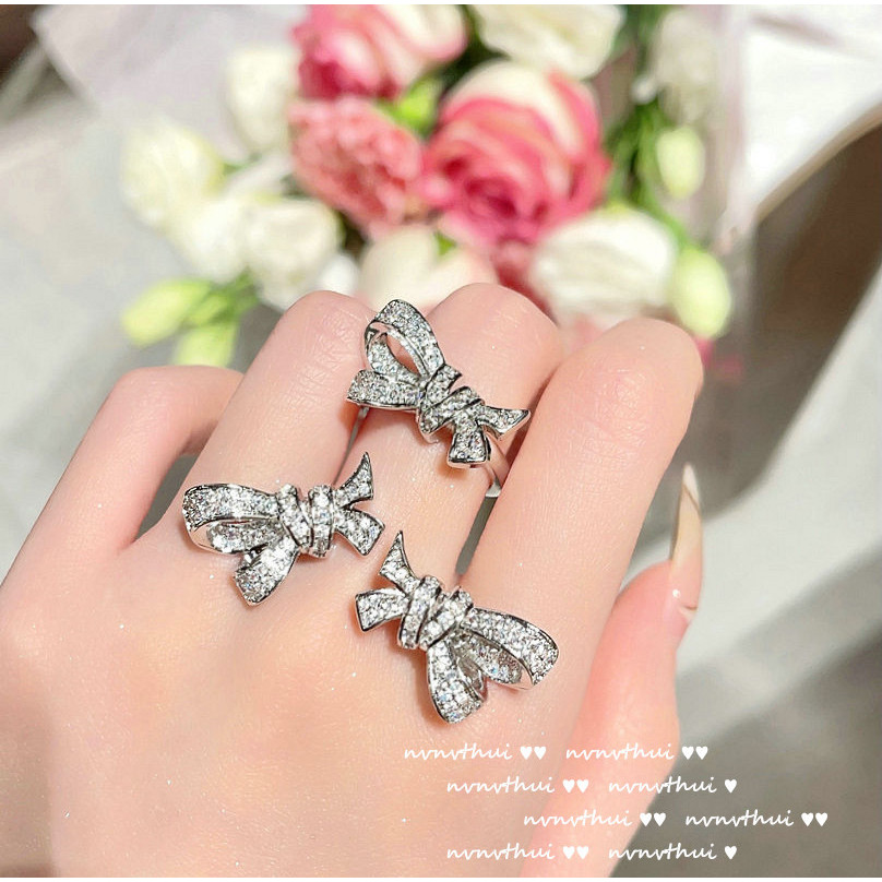 Bạch Tuyết Nơ Đá Quý Nhẫn Bateful Mạ Vàng 18K Flatten Bướm Zircon Bông Tai Bộ