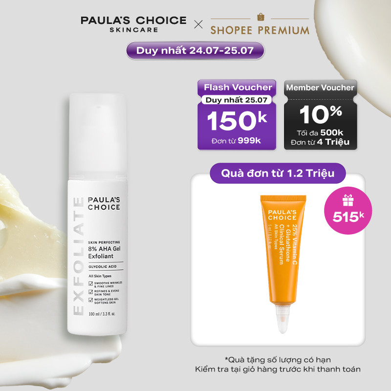 Gel loại bỏ tế bào chết làm sáng và mịn da Paula's Choice Skin Perfecting 8% AHA Gel Exfoliant 100ml