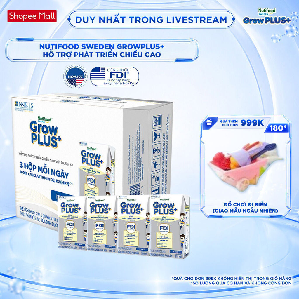 Thùng 24 hộp Sữa Bột Pha Sẵn Nutifood Sweden GrowPLUS+ Cao lớn vượt trội hộp 110 ml